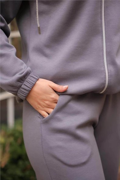 Fermuarlı Kapşonlu Sade İkili Tesettür Eşofman Takımı - 71229.012 - Füme - 3