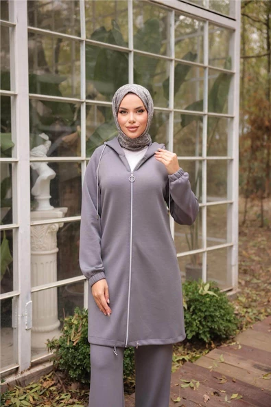 Fermuarlı Kapşonlu Sade İkili Tesettür Eşofman Takımı - 71229.012 - Füme - 7