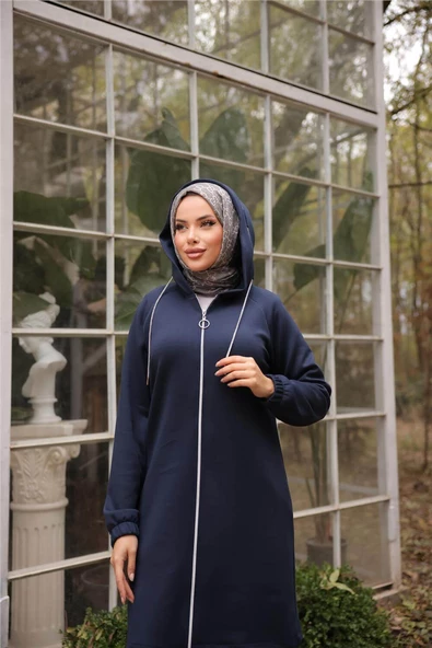 Fermuarlı Kapşonlu Sade İkili Tesettür Eşofman Takımı - 71229.015 - Lacivert - Resim 7