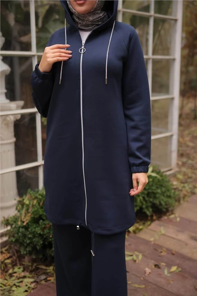 Fermuarlı Kapşonlu Sade İkili Tesettür Eşofman Takımı - 71229.015 - Lacivert - Resim 8