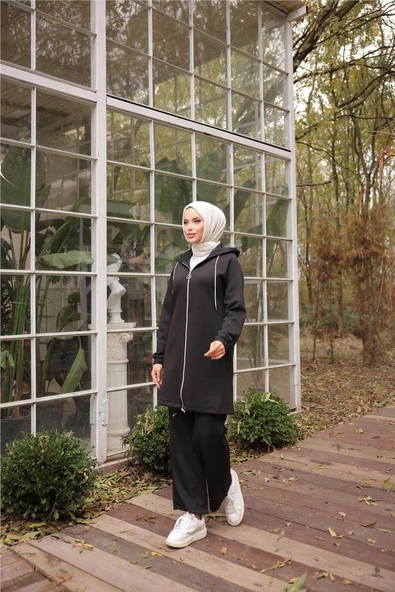 Fermuarlı Kapşonlu Sade İkili Tesettür Eşofman Takımı - (38-46) - 71229 - Siyah - Resim 6