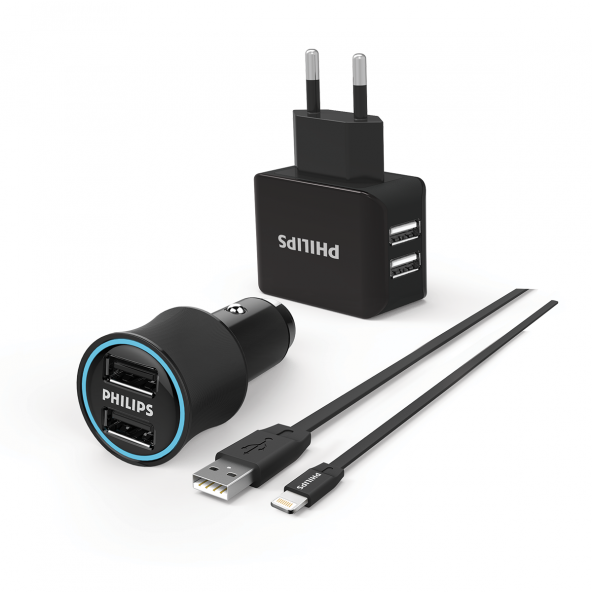 Philips DLP2553EL Araç & Duvar Şarj Cihazı ve MFI Lisanslı Lightning Şarj Kablousu Bir arada Ürün