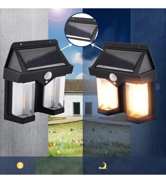 WellHise 618-2 Rustik Ampul İkili Solar Duvar Aplik Güneş Enerjili Hareket Sensörlü - 3