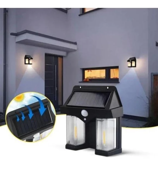 WellHise 618-2 Rustik Ampul İkili Solar Duvar Aplik Güneş Enerjili Hareket Sensörlü - 4