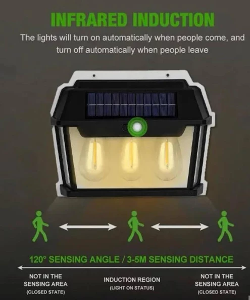 Wellhise 618-3 Üçlü Solar Rustik Duvar Apliği Güneş Enerjili Sensörlü Solar Aplik - 4