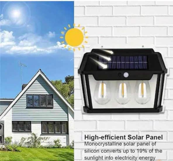 Wellhise 618-3 Üçlü Solar Rustik Duvar Apliği Güneş Enerjili Sensörlü Solar Aplik - 2