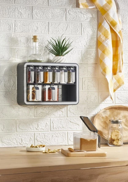 Duvara Asılabilir Baharatlık Seti - 9lu Erzak Kabı Takımı - 19 Parça, Kaşıklı - Siyah - 2