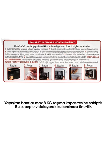 Duvara Asılabilir Baharatlık Seti - 9lu Erzak Kabı Takımı - 19 Parça, Kaşıklı - Siyah - 5