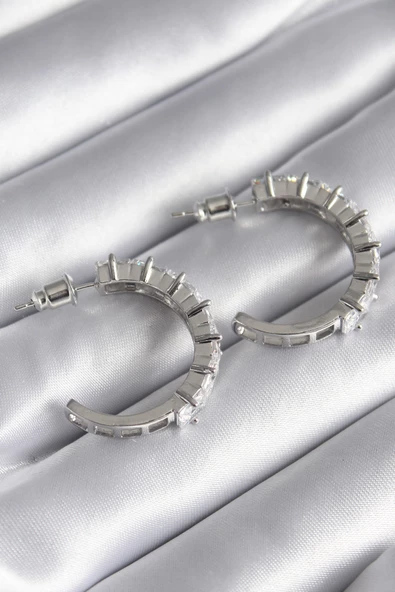 Pirinç Gümüş Renk Zirkon Taşlı Halka Model Kadın Küpe - TJ-BKP8610 - 2