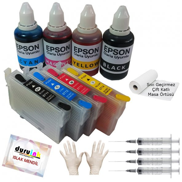 EPSON DX7000F DX7400 DX7450 UYUMLU KOLAY DOLAN KARTUŞ+4x50ml MÜREKKEP 4 RENK (DOLU)