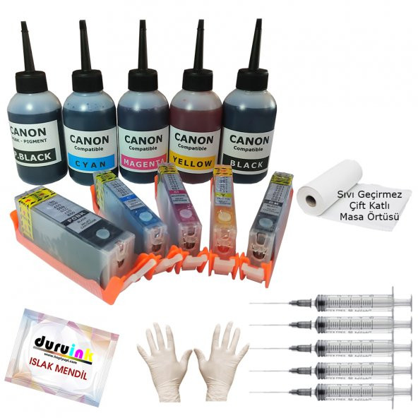 CANON MG6450 MG6600 MG6650 UYUMLU KOLAY DOLAN KARTUŞ+5x100ml MÜREKKEP 5 RENK (DOLU)