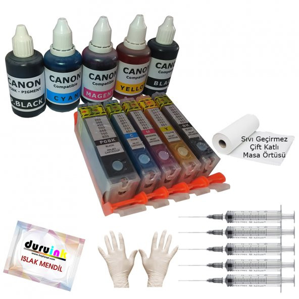 CANON MG5650 MG6340 MG6350 UYUMLU KOLAY DOLAN KARTUŞ+5X50ml MÜREKKEP 5 RENK (DOLU)