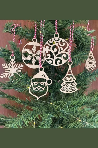 Ağaç Süsü Ahşap Noel Babalı Kar Tanesi Model 6 Parça Kırmızı Beyaz İpli Ahşap Yılbaşı Ağaç Süsü - 4