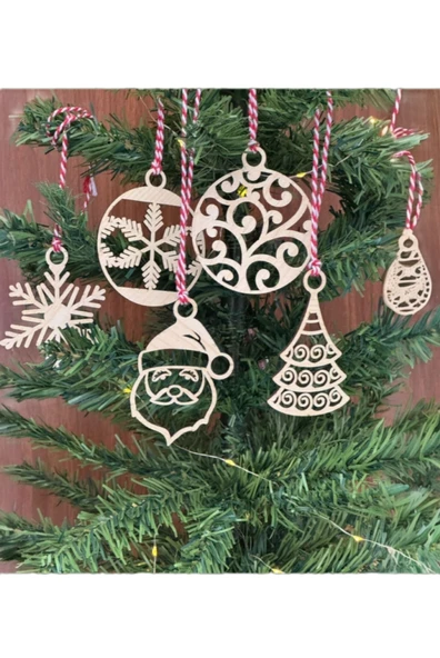 Ağaç Süsü Ahşap Noel Babalı Kar Tanesi Model 6 Parça Kırmızı Beyaz İpli Ahşap Yılbaşı Ağaç Süsü - 3