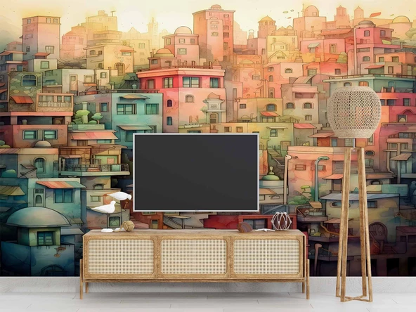 Sanatsal Ev Çizim Desenli Duvar Kağıdı - 3
