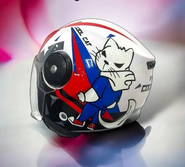Sway 814 Cool Cat Yarı Camlı Şeffaf Vizörlü Çocuk Bisiklet Motosiklet Scooter Kaskı S Beden White - 3