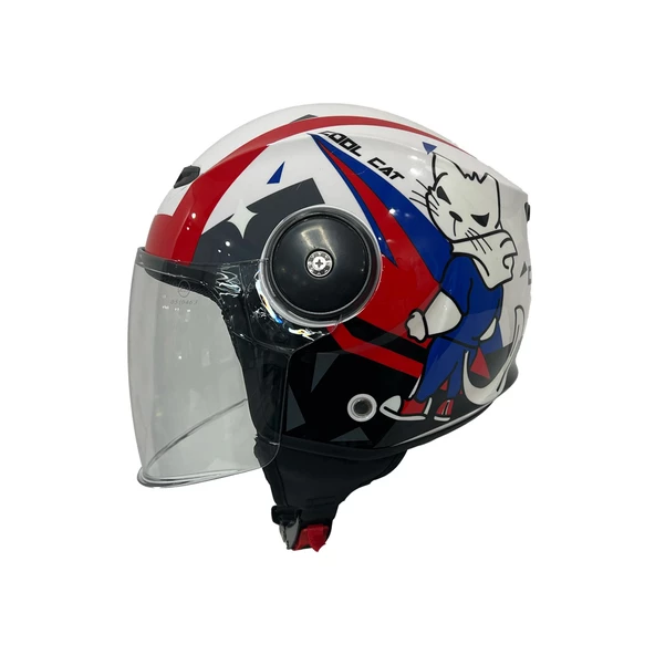 Sway 814 Cool Cat Yarı Camlı Şeffaf Vizörlü Çocuk Bisiklet Motosiklet Scooter Kaskı S Beden White - 4