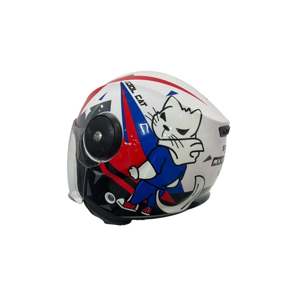 Sway 814 Cool Cat Yarı Camlı Şeffaf Vizörlü Çocuk Bisiklet Motosiklet Scooter Kaskı S Beden White - 7