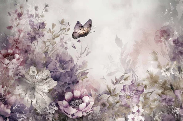 Eflatun Çiçek ve Kelebek Manzaralı Duvar Kağıdı - Resim 7