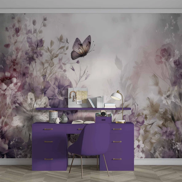 Eflatun Çiçek ve Kelebek Manzaralı Duvar Kağıdı - Resim 4