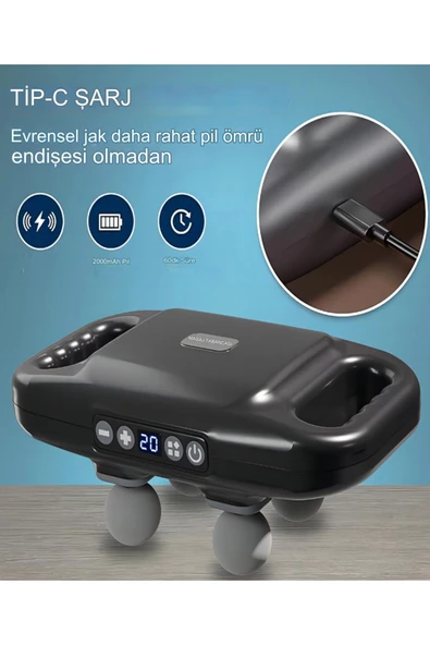 4 Top Masaj Tabancası Cihazı Şarjlı Vurmalı Vücut Boyun Masajı Egzersiz Gevşeme - 4