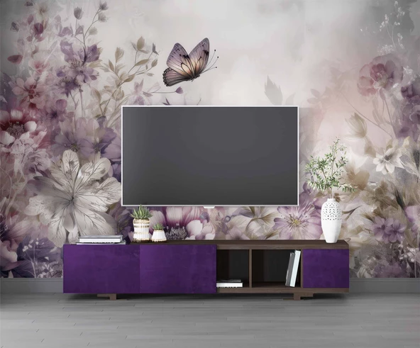 Eflatun Çiçek ve Kelebek Manzaralı Duvar Kağıdı - Resim 3