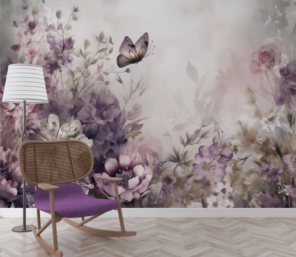 Eflatun Çiçek ve Kelebek Manzaralı Duvar Kağıdı - Resim 6
