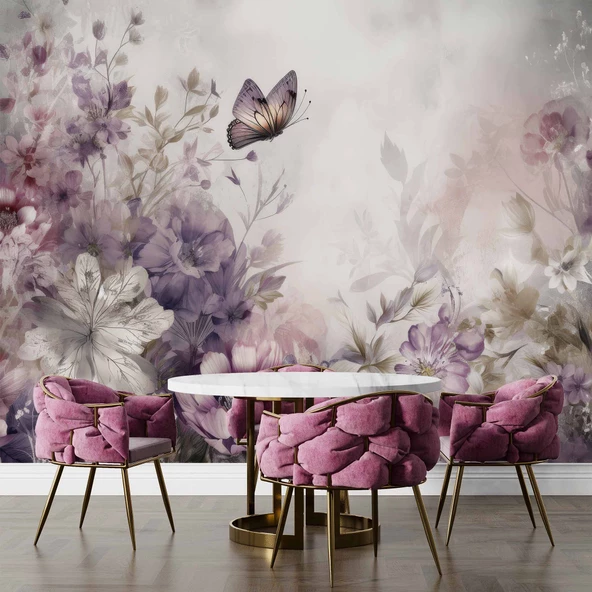 Eflatun Çiçek ve Kelebek Manzaralı Duvar Kağıdı - Resim 5