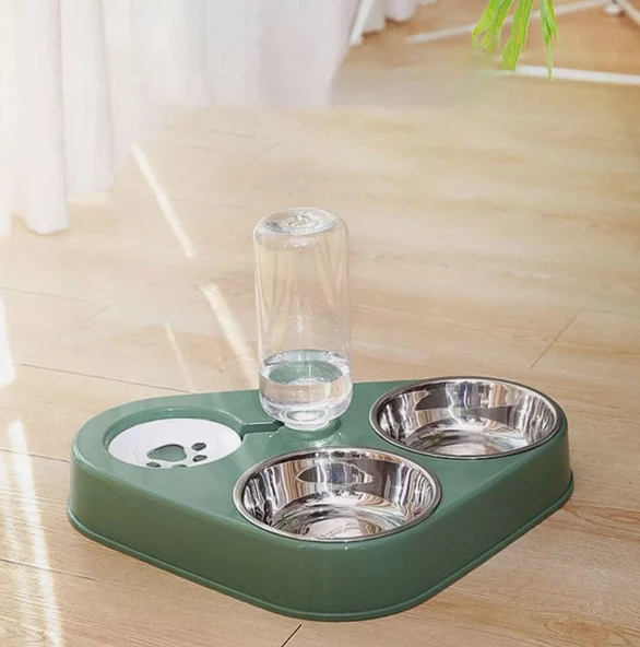 Monozone 3in1 Kedi Köpek Mama Su Kabı Paslanmaz Çelik Mama Kabı Tas Suluk Evcil Hayvan Kasesi(Yeşil) - 3