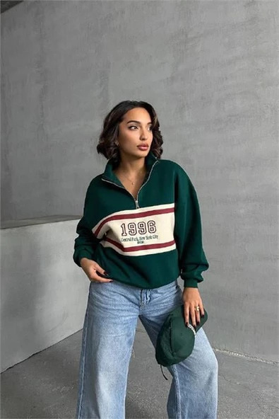 kadın yeşil fermuar detaylı sweatshirt DPNBG060