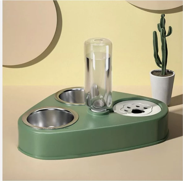 Monozone 3in1 Kedi Köpek Mama Su Kabı Paslanmaz Çelik Mama Kabı Tas Suluk Evcil Hayvan Kasesi(Yeşil)