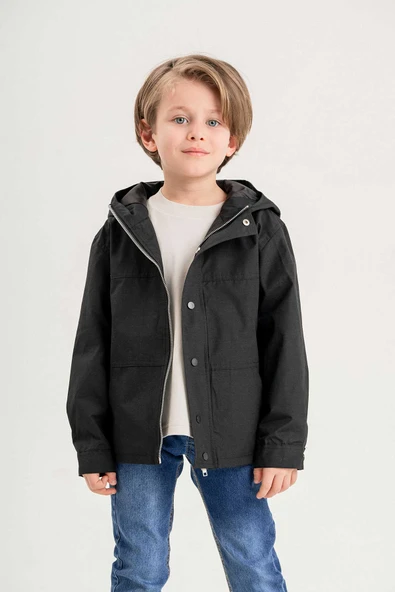 Kapüşonlu Fermuarlı Çift Cepli Astarlı Erkek Çocuk Yağmurluk - Resim 2