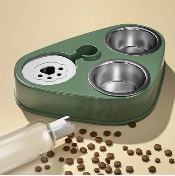 Monozone 3in1 Kedi Köpek Mama Su Kabı Paslanmaz Çelik Mama Kabı Tas Suluk Evcil Hayvan Kasesi(Yeşil) - 2