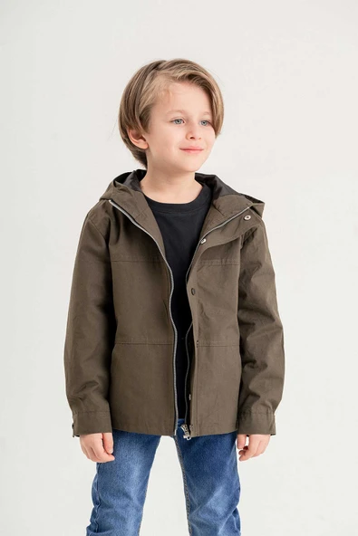 Kapüşonlu Fermuarlı Çift Cepli Astarlı Erkek Çocuk Yağmurluk - Resim 6