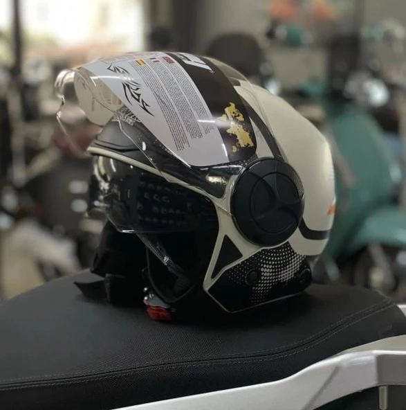 Sway 737 Şeffaf Vizörlü Güneş Gözlüklü Yarım Motosiklet Scooter Kaskı 2XL Beden Gemini Beige Black - 4