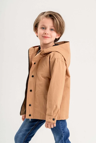 Kapüşonlu Fermuarlı Çift Cepli Astarlı Erkek Çocuk Yağmurluk - Resim 8