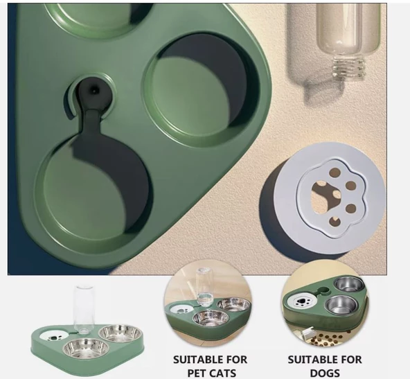 Monozone 3in1 Kedi Köpek Mama Su Kabı Paslanmaz Çelik Mama Kabı Tas Suluk Evcil Hayvan Kasesi(Yeşil) - 4