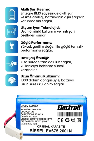 Bissell Ev675 2601N Uyumlu Robot Süpürge Bataryası (ORJİNAL KAPASİTE) 2600mAh - 2