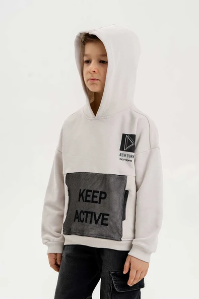 Kapüşonlu Fermuar Detaylı Üç İplik Erkek Çocuk Sweatshirt - Resim 8