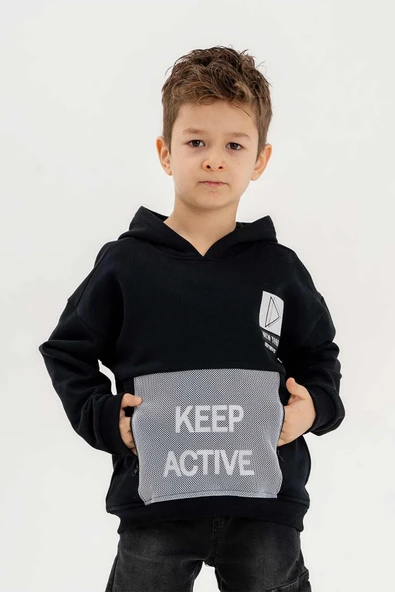 Kapüşonlu Fermuar Detaylı Üç İplik Erkek Çocuk Sweatshirt - Resim 4