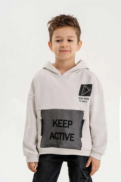 Kapüşonlu Fermuar Detaylı Üç İplik Erkek Çocuk Sweatshirt - Resim 9