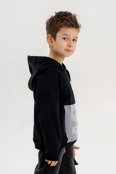 Kapüşonlu Fermuar Detaylı Üç İplik Erkek Çocuk Sweatshirt - 5