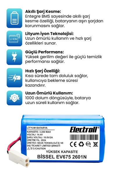 Bissell Ev675 2601N Uyumlu Robot Süpürge Bataryası (YÜKSEK KAPASİTE) 3200mAh - 2