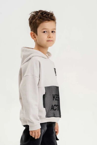 Kapüşonlu Fermuar Detaylı Üç İplik Erkek Çocuk Sweatshirt - Resim 11