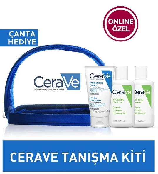 Cerave Çanta Hediyeli Tanışma Kiti: Cerave Nemlendirici Krem 50 ml & Köpüren Temizleyici 2x20 ml