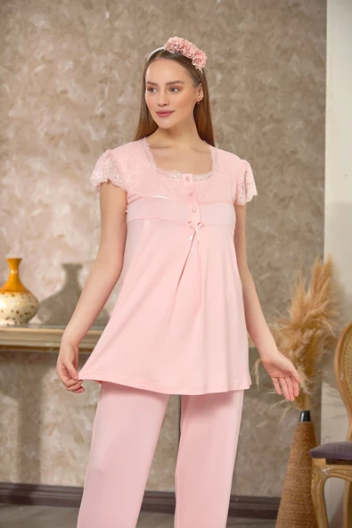 Dantelli Sabahlıklı Lohusa Pijama Takım Pudra 4127