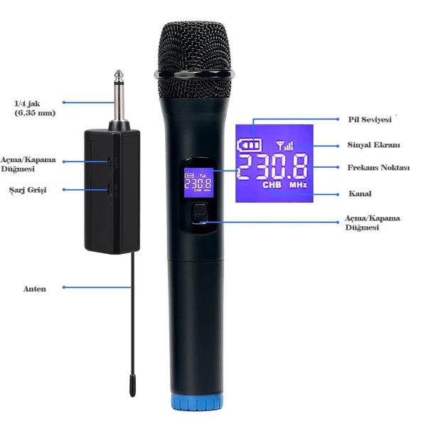 Monozone V-102 Vhf Kablosuz Mikrofon Profosyonel Cami Okul Otobüs Sunum Düğün Alıcılı El Mikrofonu Karaoke Digital Ekran - 5