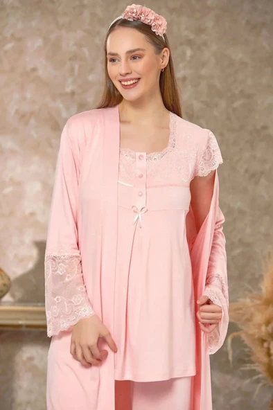 Dantelli Sabahlıklı Lohusa Pijama Takım Pudra 4129