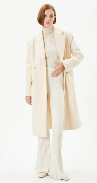 Koton Kadın 44 Beden Ekru Oversize Kaşe Kaban Kapaklı Cepli Düğmeli - 5