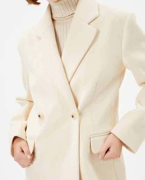 Koton Kadın 44 Beden Ekru Oversize Kaşe Kaban Kapaklı Cepli Düğmeli - 2